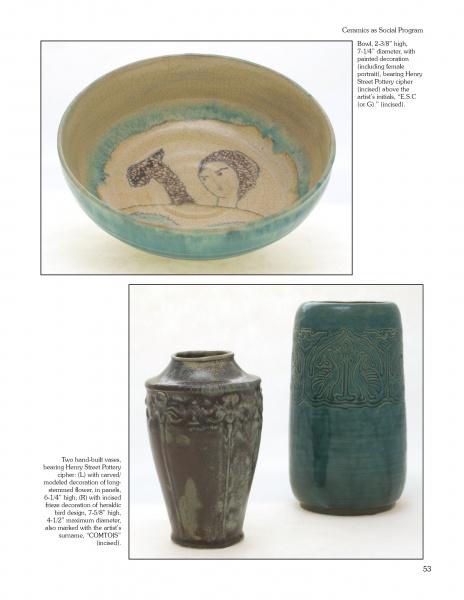 A catalog page displays pieces from "Alternative American Ceramics, 1870-1955" by Schiffer Publishing, Ltd., featuring a portrait bowl, a dark ornate vase, and a tall teal vase with linework, each shown with descriptive text.