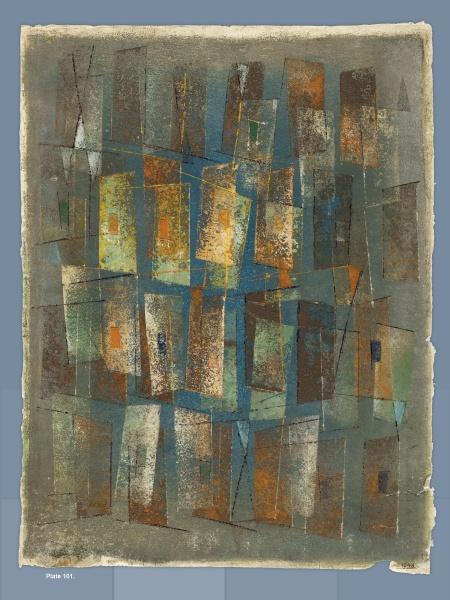 Harry Bertoia Monoprints" by Schiffer Publishing, Ltd. showcases abstract art with overlapping rectangles in earthy hues, textured brushstrokes, and fine black lines, echoing the artist's iconic style.