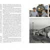 A two-page spread from "Smoke Over Steamtown" by Schiffer Publishing, Ltd. shows text on both pages and four right-page photos: uniformed people, a train headlight, stacked cylinders, and a steaming locomotive at a heritage station.