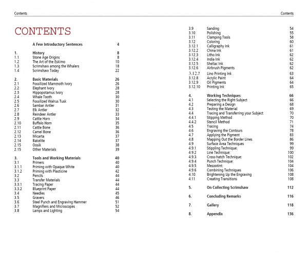 The table of contents for Scrimshaw in Theory and Practice by Schiffer Publishing, Ltd. lists chapters like History, Basic Materials, Tools, Engraving Techniques, and Appending, with right-aligned page numbers and CONTENTS in large red text.