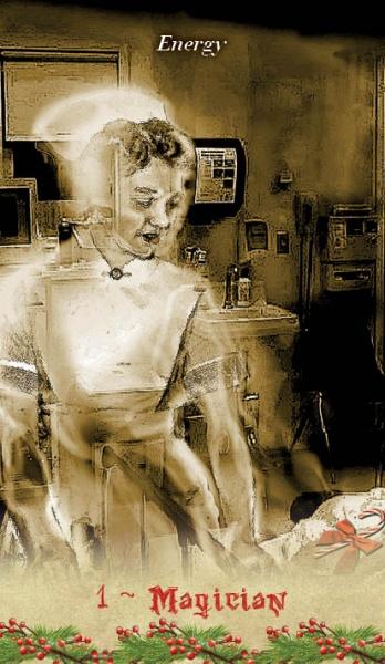A sepia-toned image of a ghostly nurse stands in a hospital room. "Energy" appears at the top, and "1 ~ Magician" at the bottom, inspired by A Christmas Tarot from Schiffer Publishing, Ltd.