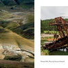 Two images: on the left, Eastern Oregon’s Painted Hills reveal vivid green, red, yellow, and white layers; on the right, a rusty dredge rests partly in water amid lush forest—featured in Schiffer Publishing, Ltd.’s Eastern Oregon.