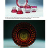 Top: Vintage ruby red and clear Depression glassware set—bowl, plates, cups, creamer, sugar bowl. Bottom: Large round amber and ruby geometric glass bowl. From Mauzy's Rare, Unusual, & Unique Depression Glass by Schiffer Publishing.