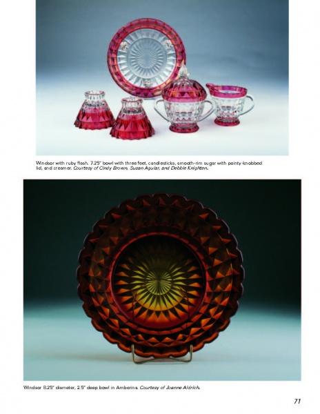 Top: Vintage ruby red and clear Depression glassware set—bowl, plates, cups, creamer, sugar bowl. Bottom: Large round amber and ruby geometric glass bowl. From Mauzy's Rare, Unusual, & Unique Depression Glass by Schiffer Publishing.