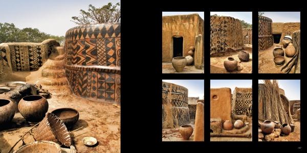 Villages of West Africa" by Schiffer Publishing, Ltd. features vernacular architecture, geometric patterns, and artisan-made clay pots and baskets, with six detailed images highlighting West African buildings' craftsmanship.
