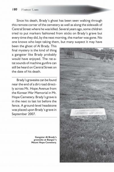 A page from Ghosts of Maine (Schiffer Publishing, Ltd.) features text about Al Brady’s grave above a gravestone photo at Bangor’s Mount Hope Cemetery, a notable paranormal hotspot. The caption notes it as gangster Al Brady’s gravesite.