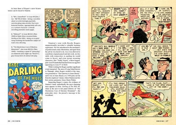 A two-page spread from "Eric Stanton & the History of the Bizarre Underground" by Schiffer Publishing, Ltd. showcases comic book covers, a biography of Eric Stanton, and colorful panels reminiscent of classic commercial fetish art.