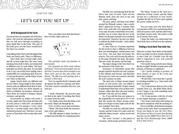 Two pages from "A Course in Tarot" by Schiffer Publishing, Ltd.: The left shows chapter info, five Tarot cards, and Tarot history; the right offers tips on card types and guidance to begin your own Tarot reading journey.