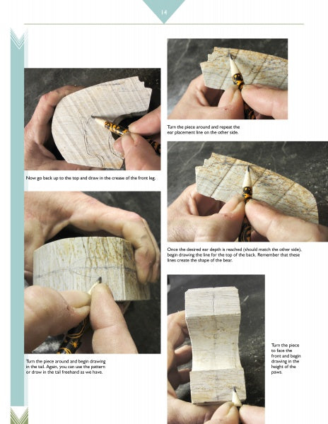 Carving a Sitting Bear in Soapstone by Schiffer Publishing, Ltd. features a step-by-step guide with photos showing hands marking lines and curves on light stone, demonstrating essential layout techniques for carving projects like a sitting bear.