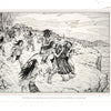 A black-and-white drawing from "Neil David's Hopi World" by Schiffer Publishing, Ltd. shows warriors driving people off a cliff as others escape in fear, set against rocky terrain with distant buildings and birds overhead.