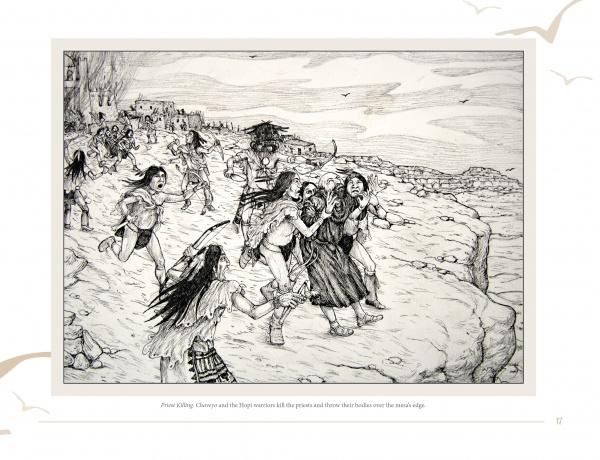 A black-and-white drawing from "Neil David's Hopi World" by Schiffer Publishing, Ltd. shows warriors driving people off a cliff as others escape in fear, set against rocky terrain with distant buildings and birds overhead.