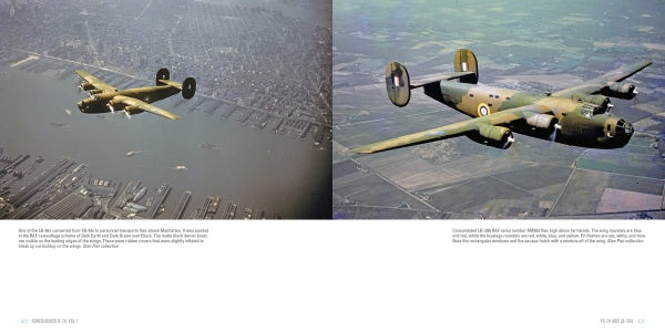 Two vintage WWII aircraft, likely B-24 Liberators, fly over a city harbor and countryside. From Schiffer Publishing, Ltd.'s Legends of Warfare: Consolidated B-24 Vol.1, they glide above patchwork fields, winding roads, and a coastal city below.