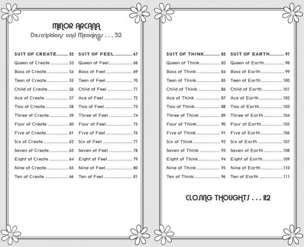 Table of contents page for the Hip Chick Tarot companion guide by Schiffer Publishing, Ltd. Lists Minor Arcana cards in suits—Create, Feel, Think, Earth—showcasing diverse women and bordered with decorative flower motifs and page numbers.