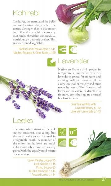 A page from The Farmer's Market Guide by Schiffer Publishing, Ltd. highlights kohlrabi, lavender, and leeks with photos, descriptions, and seasonal recipes using these fresh local vegetables and herbs.