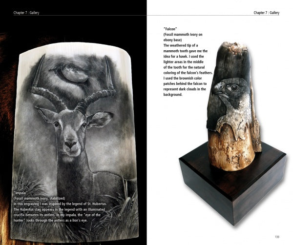On the left is "Scrimshaw in Theory and Practice" by Schiffer Publishing, Ltd., open to an impala and mammoth ivory eye sketch; on the right, a carved mammoth tooth with a falcon’s face stands vertically on a pedestal.