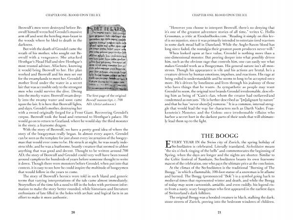 A two-page spread from "Interview with the Boogeyman" by Schiffer Publishing, Ltd. shows a left page with a MET TE EARD manuscript image alluding to Boogeyman folklore, while the right page continues the chapter in two text columns.