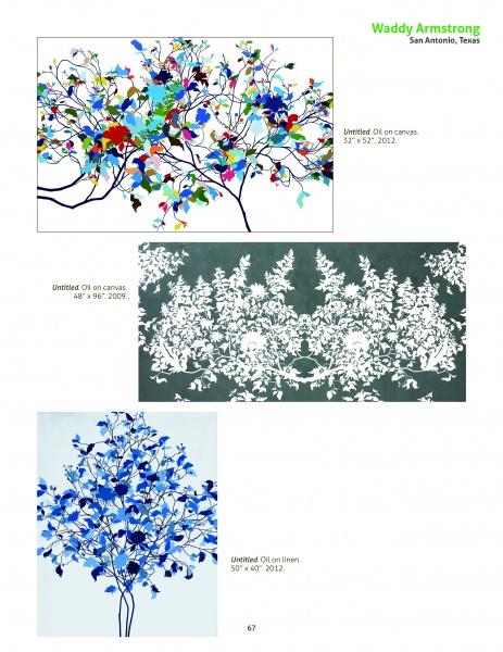 Green Art by Schiffer Publishing, Ltd. showcases three abstract tree paintings: the top with colorful leaves, the middle in grey and white, and the bottom in blue and white. Artist and artwork details are on the contemporary art page.