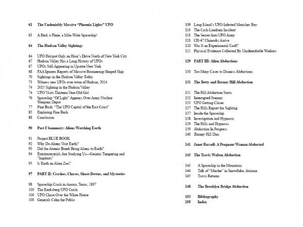The table of contents in UFOs Over America by Schiffer Publishing, Ltd. lists chapters on sightings, abductions, and encounters, organized by parts and page numbers in a two-column format with black text on a white background.