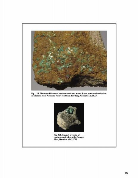 A page from "Introduction to Radioactive Minerals" by Schiffer Publishing, Ltd. shows mottramite specimens: plates and flakes on sandstone above, and equant crystals on rock below, each with descriptive captions.