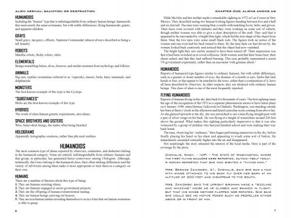 Two pages from "Alien Arrival: Salvation or Destruction" by Schiffer Publishing, Ltd. cover UFO lore aliens—humanoids, grays, robots, animals, hybrids, flying humanoids—with abduction accounts, definitions, and examples in black text on white background.
