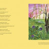 A vibrant illustration for Rupert's Tales by Schiffer Publishing, Ltd. shows a raccoon, bunny, and yellow bird under a willow tree amid grass, hills, flowers, and a river with children's adventure stories text on a yellow background to the left.