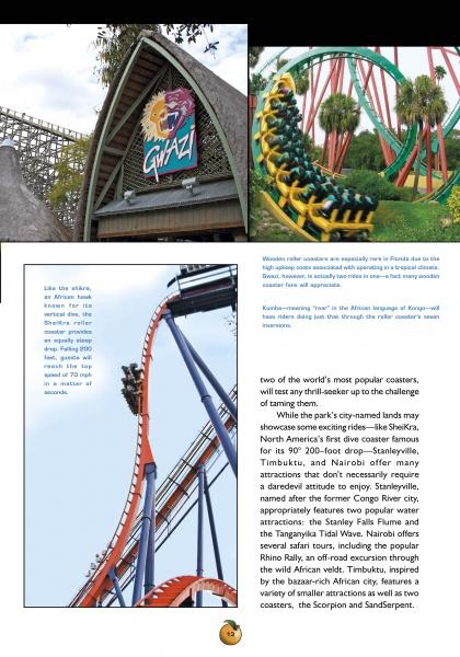 A magazine page for Schiffer Publishing, Ltd.'s "Florida Theme Parks" displays roller coaster photos—a Gwazi wooden sign, a yellow-green loop, an orange-blue drop—and highlights African-themed attractions at Florida parks.