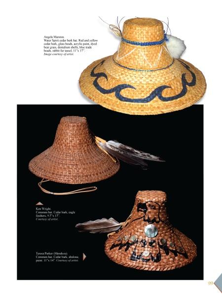 Three woven cedar bark hats with unique designs, feathers, and shells are featured on a white background, highlighting Northwest Coast native art. From the book Contemporary Art on the Northwest Coast by Schiffer Publishing, Ltd.