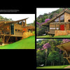 Showcasing "The Art of Brazilian Architecture" by Schiffer Publishing, Ltd.: a timber and stone house with large windows and slanted roofs, surrounded by lush grass and purple-flowered trees, presented from multiple angles.