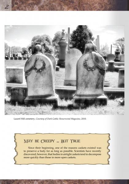 Side by side in a cemetery, two draped gravestones appear among headstones and trees. Cemetery Gates by Schiffer Publishing, Ltd. explores how funeral practices like airtight caskets slow decomposition versus open caskets.