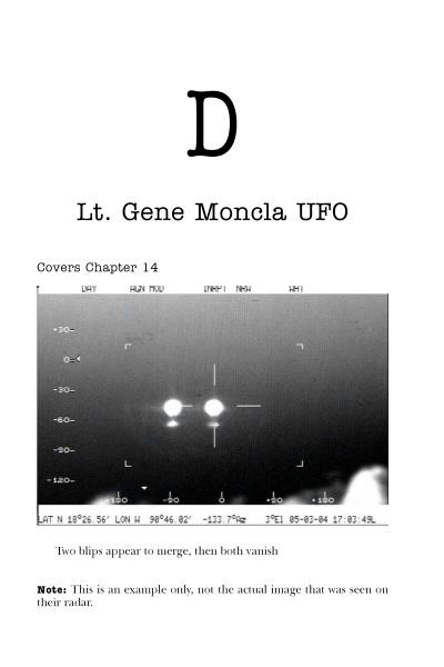 A page from Military Response to UFO Activity by Schiffer Publishing, Ltd. shows a black-and-white radar image with two merging blips that vanish—an example often cited in military UFO cases, with a note clarifying the image is illustrative.