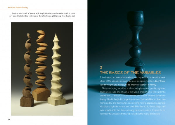 On the left are three Multi-Axis Spindle Turning sculptures by Schiffer Publishing, Ltd., each with spiraling beads in light, medium, and dark wood. On the right, text introduces basic woodturning techniques in art.