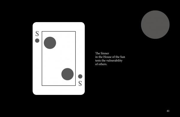 A playing card from The High Deck by Schiffer Publishing, Ltd. with the letter S and two black dots is shown on a black background. To the right, white text reads: The Sinner in the House of the Sun tests the vulnerability of others.