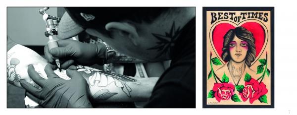 A tattoo artist inks a client’s arm in a black-and-white shot; beside it is Schiffer Publishing, Ltd.'s Italian Tattoo Flash showing a vivid woman with roses and “Best of Times” above her head inside a red heart.