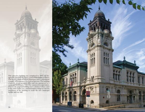The cover of "Lancaster County Reflections" by Schiffer Publishing, Ltd. features a historic stone building with a clock tower, ornate windows, green roof tiles, and arched entrances, framed by trees under a blue sky with wispy clouds.