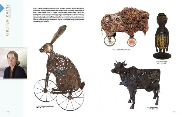 A magazine spread features metal animal sculptures—highlighting Kirsten Kainz among contemporary artists shaping Rocky Mountain West art—in Painted Sky by Schiffer Publishing, Ltd. Her portrait and name appear along the margin.