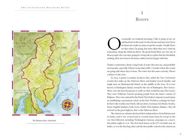 A detailed map of the Delaware River Valley watershed, featured in The Illustrated Delaware River from Schiffer Publishing, Ltd., with bordering states marked and an enlarged O introducing the chapter “Roots.”.