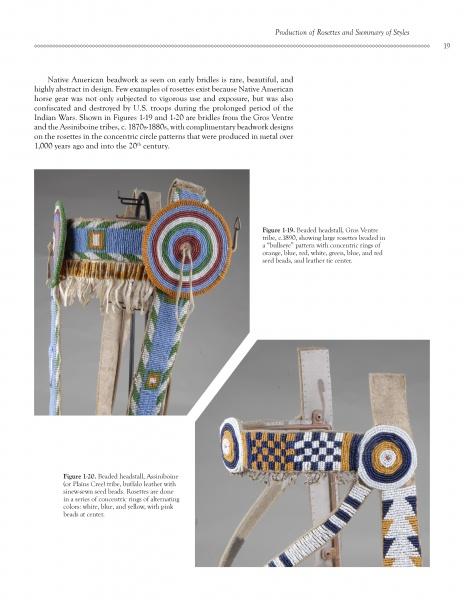 A page from Schiffer Publishing, Ltd.'s Bridle Rosettes displays two color photos of beaded bridle rosettes with intricate Native American designs, along with captions and text about rosettes and horse-related collectibles.