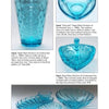 A catalog page features "Colors & Patterns of Depression Era Glassware" by Schiffer Publishing, Ltd., showcasing collectible blue Hazel Ware glassware—vase, bowl, dish, cups, and plates—with detailed patterns and prices.