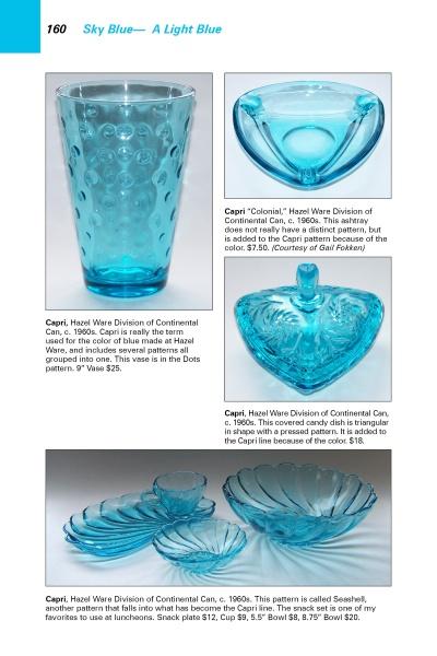 A catalog page features "Colors & Patterns of Depression Era Glassware" by Schiffer Publishing, Ltd., showcasing collectible blue Hazel Ware glassware—vase, bowl, dish, cups, and plates—with detailed patterns and prices.