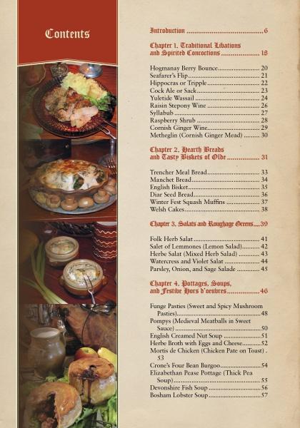 Table of contents page from "Medieval Cooking in Today's Kitchen" by Schiffer Publishing, Ltd., featuring chapters, dish names, images of pies and meats, a red Contents sidebar, and a list of historical European recipes.
