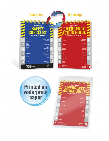 Image of the SeaWise Emergency Action Guide and Safety Checklists for Motor Yachts by Schiffer Publishing, Ltd.—a two-sided flipbook with blue and red covers, shown closed in a waterproof case. Printed on waterproof paper.