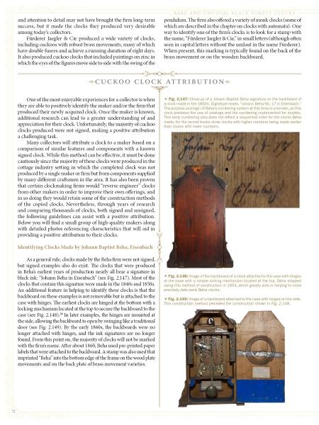 A magazine page from Schiffer Publishing, Ltd.’s Rare and Unusual Black Forest Clocks features an article with text, a close-up of handwritten notes, and two images of antique clocks showing the back panel and internal mechanism.