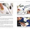 A spread in "Scrimshaw in Theory and Practice" by Schiffer Publishing, Ltd. illustrates step-by-step how to transfer a design onto a knife handle using tracing paper, a scribing tool, and magnifying glass—ideal for learning scrimshaw engraving.
