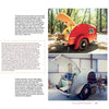 Two pages from "Ready to Roll" by Schiffer Publishing, Ltd. highlight classic travel trailers: one shows a sunlit red teardrop trailer, the other features a trailer with its rear open for camping, displaying a compact kitchen inside.