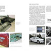A book spread from "Damsels in Design" by Schiffer Publishing, Ltd. shows classic car steering wheels and door panels on the left, while the right page highlights women's impact on modern dashboards and instrument panel layouts.