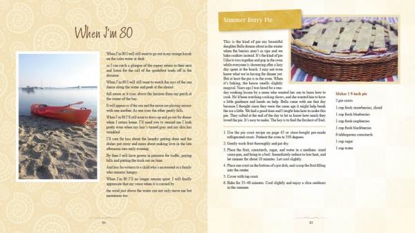 A spread from "Meet Me in My Cape Cod Kitchen" by Schiffer Publishing, Ltd. shows a red kayak on a beach at sunset, highlights Summer Berry Pie and baked goods, and features seaside recipes plus "When I’m 80" reflections on the left page.