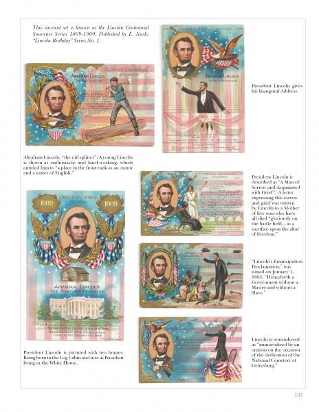 A page from America's Patriotic Holidays by Schiffer Publishing, Ltd. features six vibrant illustrations of Abraham Lincoln, each with flags and patriotic scenes, and captions highlighting his presidency and lasting legacy.