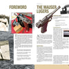 A two-page spread in "The Luger P.08, Vol. 2" by Schiffer Publishing, Ltd. shows German soldiers with pistols, a close-up of a P.08 Luger, historic memorabilia, and text on the history, design, and production of Mauser Luger pistols.