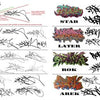 A chart in "Baltimore Graffiti" by Schiffer Publishing, Ltd. features six columns for artists STAB, MASK, LATER, ZEK, ROK, DAVER, and AREK with colored pieces above their black ink tags and handstyle sketches.