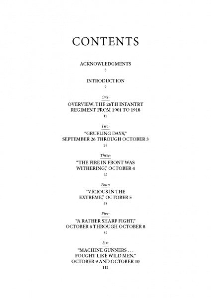The table of contents for "Days of Perfect Hell" by Schiffer Publishing, Ltd. lists Acknowledgments, Introduction, 26th Infantry Regiment overview, and five chapters on American military battles with titles and page numbers from 8 to 112.